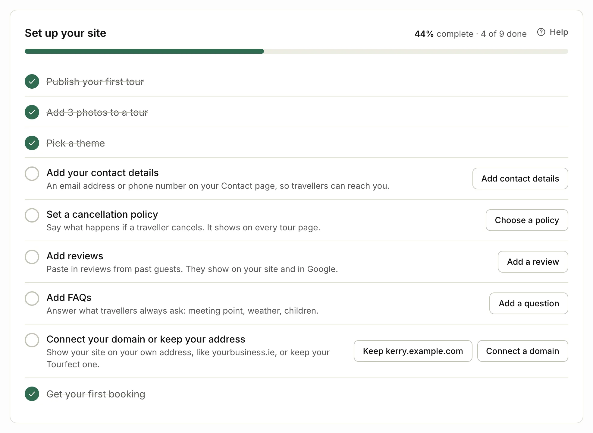 The Set up your site checklist on the dashboard