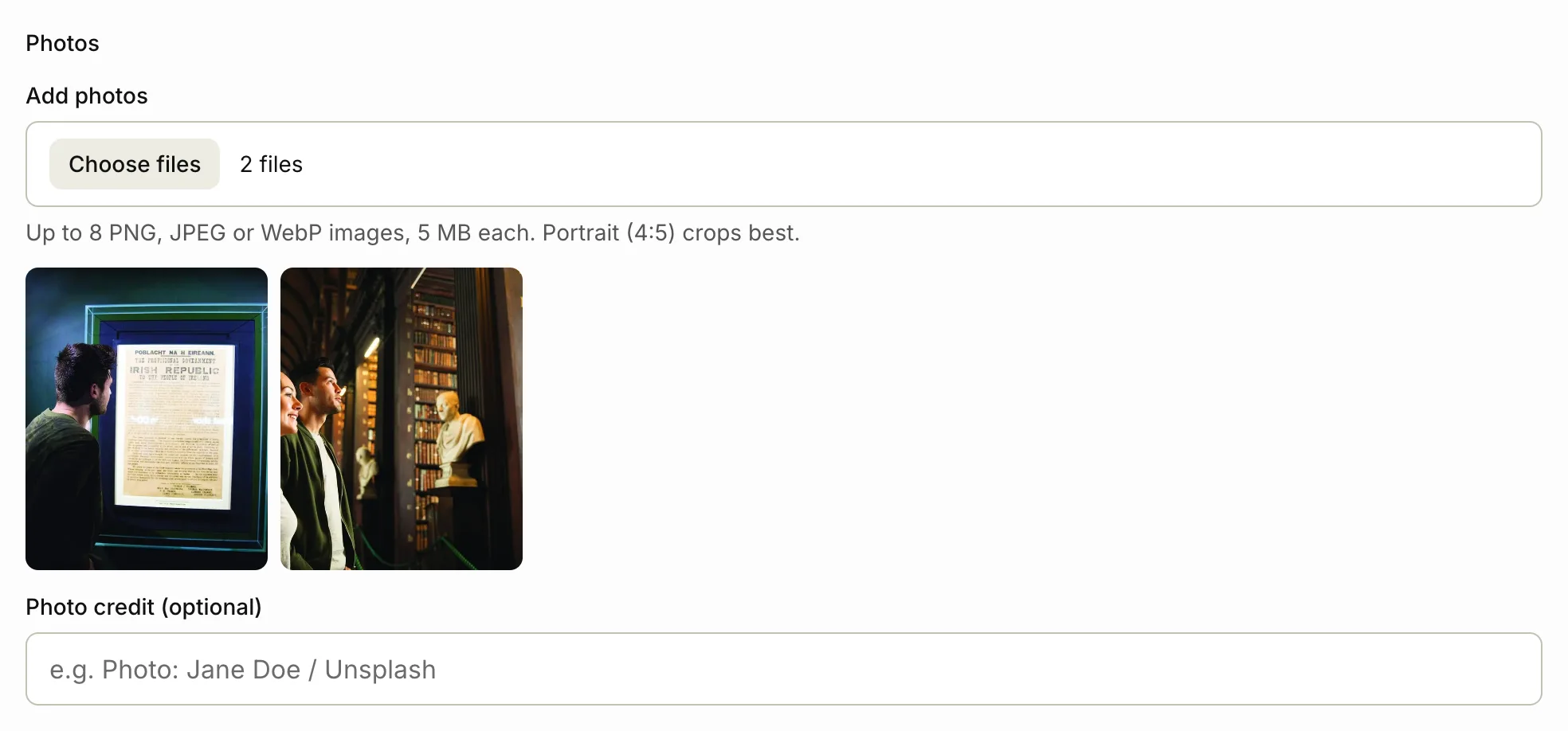 The photos section of the tour form